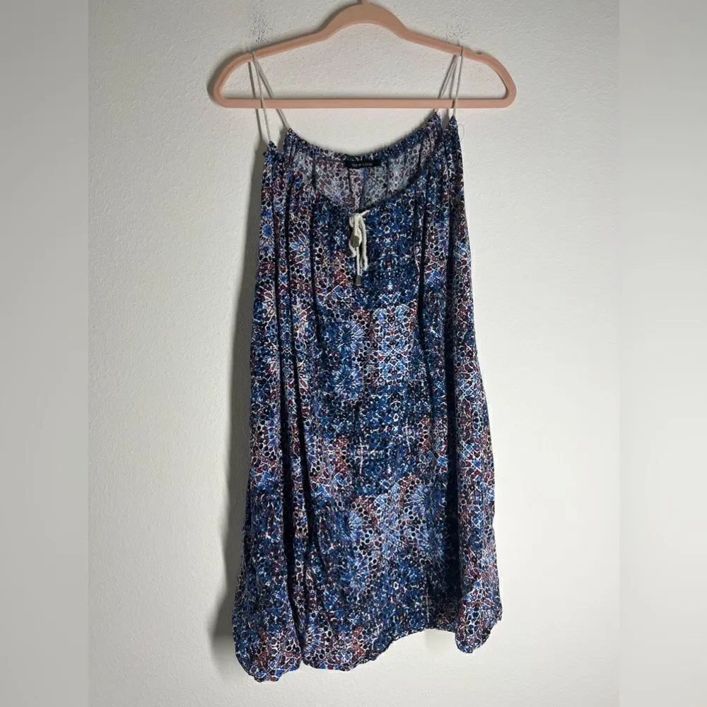 New Look Bohemian Floral Print Top Tunic Shirt Sleeveless Size L Tie Front Blue